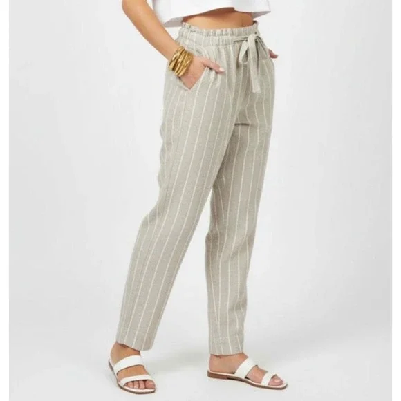 Beach Lunch Lounge Striped Linen & Cotton Paperbag Waist Pants Women XL NEW - Picture 2 of 11